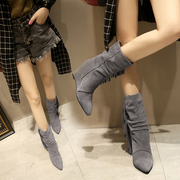 靴子女秋冬季中筒靴2020磨砂，真皮女靴尖头高跟短靴坡跟流苏靴