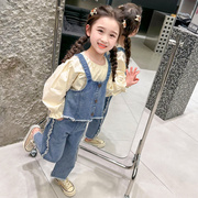 女童春装套装2024韩版儿童装时髦牛仔三件套宝宝春秋洋气衣服