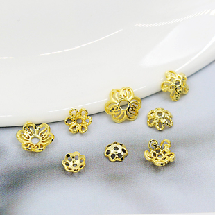 黄金色花朵花托S925纯银DIY串珠饰品配件5-8mm花片花帽垫片珠托