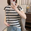 韩系复古简约黑白条纹短袖t恤女夏季撞色设计感显瘦减龄正肩上衣