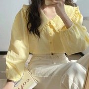 娃娃领上衣奶黄色长袖，衬衫女春季法式复古设计感小众奶甜衬衣