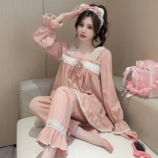 纯棉睡衣女春季一字领花边，粉色长袖长裤两件套全棉甜美套头家居服