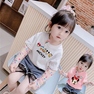 儿童韩系童装夏季洋气冰丝长袖，t恤女童假两件卡通，老鼠防晒衣服潮
