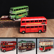 复古怀旧铁皮英国伦敦双层巴士公交车，电车模型铁艺汽车装饰品摆件