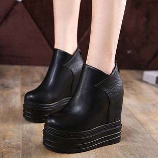 春秋黑色松糕鞋14CM坡跟超高跟短靴内增高单靴冬季厚底马丁靴