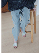 自制秋季文艺范休闲(范，休闲)高端色织亚麻宽松蓝色，萝卜裤显瘦九分裤子
