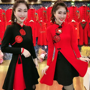 新年红色连衣裙女2022冬气质修身大码显瘦中国风本命年旗袍裙