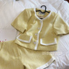 名媛小香风休闲套装女法式设计感黄色短袖外套高腰短裤两件套潮