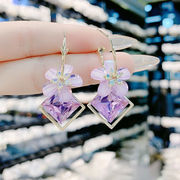 s925银针耳环樱花紫色锆石水晶耳饰女韩网红大气长款流苏耳坠
