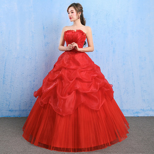 婚纱礼服2023夏季韩式新娘结婚抹胸大码孕妇齐地红色蕾丝显瘦
