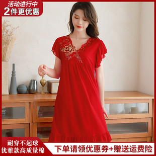 高贵红色睡裙女士，夏季中年妈妈短袖纯棉，宽松大码睡衣莫代尔家居服