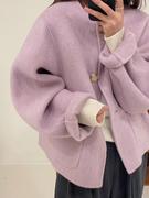 反季宽松紫色圆领短款双面羊绒大衣女小香风，小个子羊毛呢外套2023