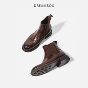 dreambox冬季女靴英伦复古胎牛皮切尔西靴真皮底手工固特异马丁靴