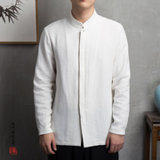 中国风棉麻长袖衬衫男士亚麻衬衣复古中式唐装立领盘扣中年上衣