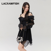 许晓诺同款LA CRAWFISH暗黑少女一字肩绑带梦幻网纱亮片连衣裙女