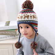 冬季儿童线帽男童圣诞麋鹿球球护耳套头帽宝宝加厚加绒保暖冬帽子
