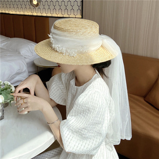 法式复古新娘白色珠花网纱，麦秆草帽女夏季时尚潮搭凹造型遮阳帽子