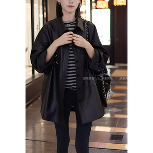 黑色皮衣外套女2024年春皮季夹克(季夹克，)宽松洋气衬衣中长款风衣.