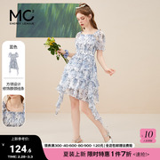 mc2方领连衣裙女装设计感显瘦时尚气质小个子短裙仙女蓝色连身裙
