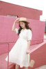 Umika 法式复古娃娃领短袖中长款裙子 甜美仙女白色连衣裙女夏季