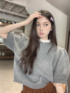 蕾丝花边圆领套头短袖毛衣女秋季韩系泡泡袖针织衫小个子短款上衣