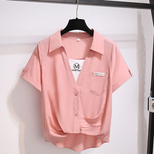 薄款假两件衬衫女夏季韩版抽褶修身小众纯色，字母v领短袖上衣