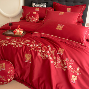 恒洽家纺浪漫婚庆全棉床单四件套100支大红刺绣婚嫁被套床上用品