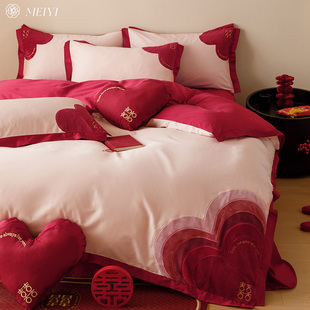 浪漫爱心红色床单结婚床上四件套全棉纯棉，贡缎喜被婚庆轻奢风床品