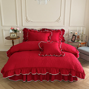 婚庆水洗棉床上四件套，床裙夹棉大红色，被套床单床品绗缝床盖三件套