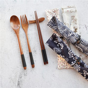 日式便携餐具套装木质勺子叉子，筷子套装和风，布袋学生成人环保旅行