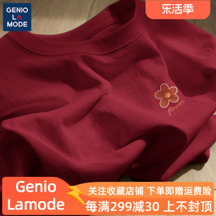 geniolamode酒红色短袖t恤女2024美式复古学生纯棉100%体恤衫