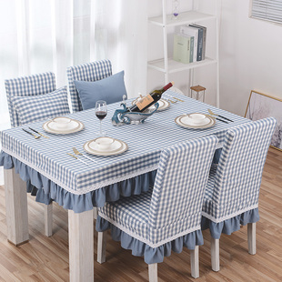 棉麻涤混纺连体椅套餐椅套美甲椅套桌罩格子餐桌布地中海风格