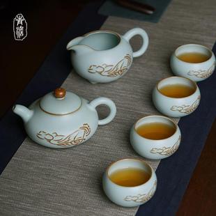 手工汝窑茶具套装家用简约景德镇陶瓷功夫，茶礼盒装冰裂釉青瓷