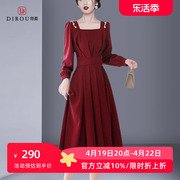 酒红色连衣裙2024春季礼服时尚，收腰中长款高级轻奢法式小众女