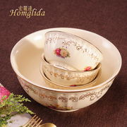 欧式陶瓷餐具碗家用米饭盘碗高档水绘黄金镶边餐具套装盘碗散装