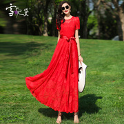 夏季红色雪纺连衣裙女长款到脚踝2024圆领，系带超长印花大摆裙