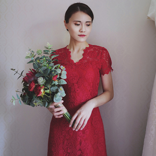 SHOOYA原创《桃源》韩国复古蕾丝红色礼服敬酒服回门宴年会连衣裙
