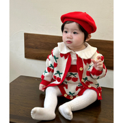 春秋套装婴儿樱桃绣花针织，背带连体衣女宝宝，可爱甜美洋气长袖外套