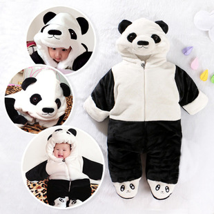 冬季加厚熊猫造型动物哈衣宝宝连身衣爬服外出婴幼儿爬服童装