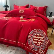 高档中式刺绣全棉婚庆四件套，大红色床单被套纯棉陪嫁结婚床上用品