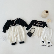 2023春季婴儿哈衣套装黑白连体衣，两件套公主小香风女宝宝衣服