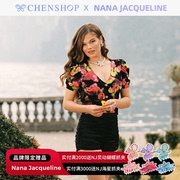Nana Jacqueline黑粉印花泡泡袖开衫上衣CHENSHOP设计师品牌