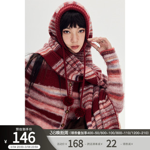 DIDDI 原创设计 复古条纹保暖针织帽红色围巾女秋冬季百搭两件套