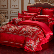 欧式大红婚庆十件套 高档床上用品四件套贡缎绣花全棉100支多件套