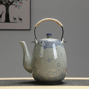 2升陶瓷大茶壶手绘复古泡茶壶凉水壶，铁制手柄提梁壶餐厅水壶家用