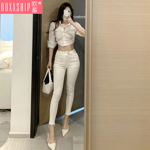 白色韩国小脚牛仔裤子女春夏季高腰弹力紧身显瘦提臀九分铅笔裤潮