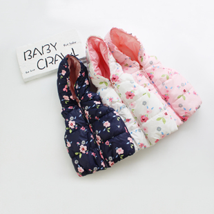 女宝宝女童1-6岁加绒加厚羽绒棉碎花，马甲带帽拉链韩版棉外套