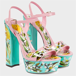 粉蓝色印花3D打印一字带防水台超高跟女凉鞋14cm性感女高跟鞋