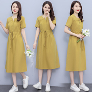 夏季少妇女装26夏天27中长款裙子，2829到30至35多40岁黄色连衣裙