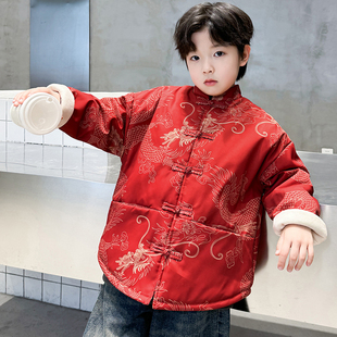男童冬季红色龙年拜年服2024中国风加绒汉服唐装儿童过年喜庆衣服